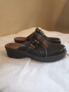 Black Leather Slip-On Clogs with Buckle Detail